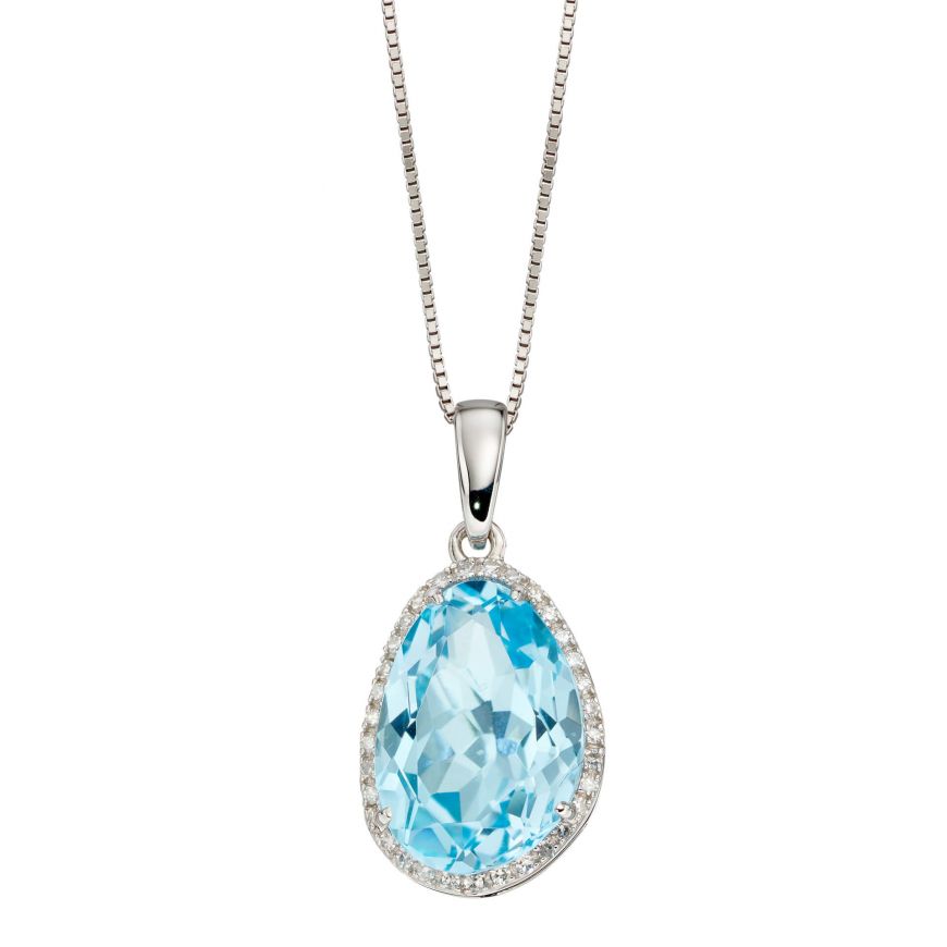 9ct White Gold Irregular Cut Blue Topaz & Diamond Halo Cluster Pendant