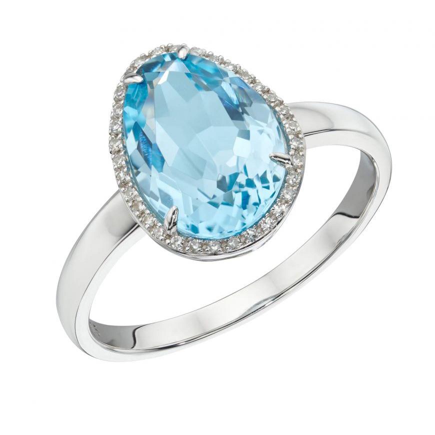 9ct White Gold Irregular Cut Blue Topaz & Diamond Halo Cluster Ring
