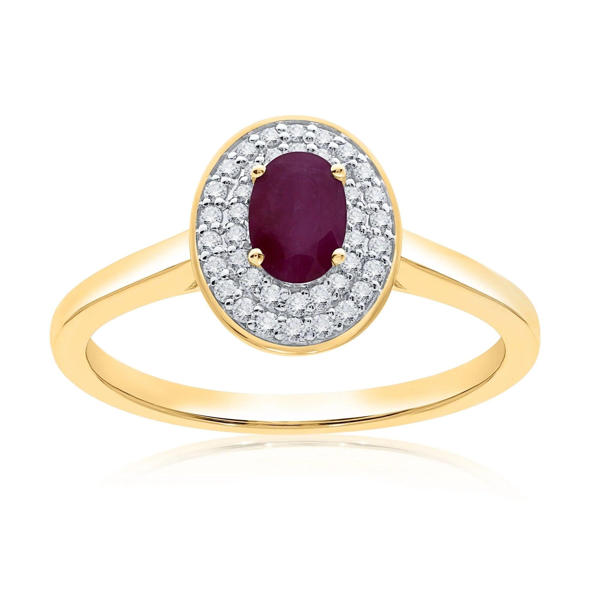 18ct Yellow Gold ovl rub + dia halo clust ring