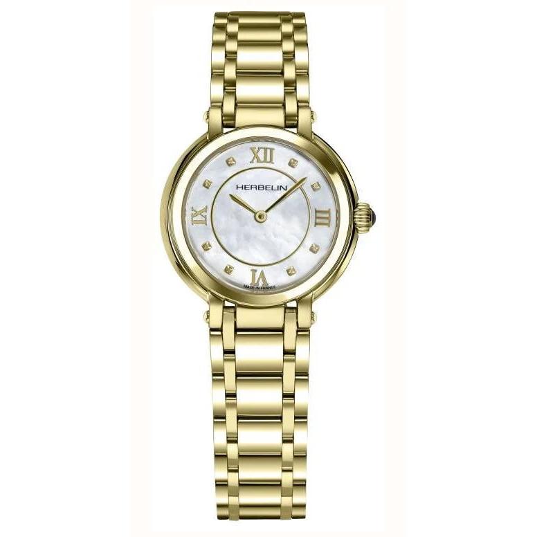 Galet yellow gold PVD-plated case mother-of-pearl roman numeral and cubic zirconia set dial bracelet
