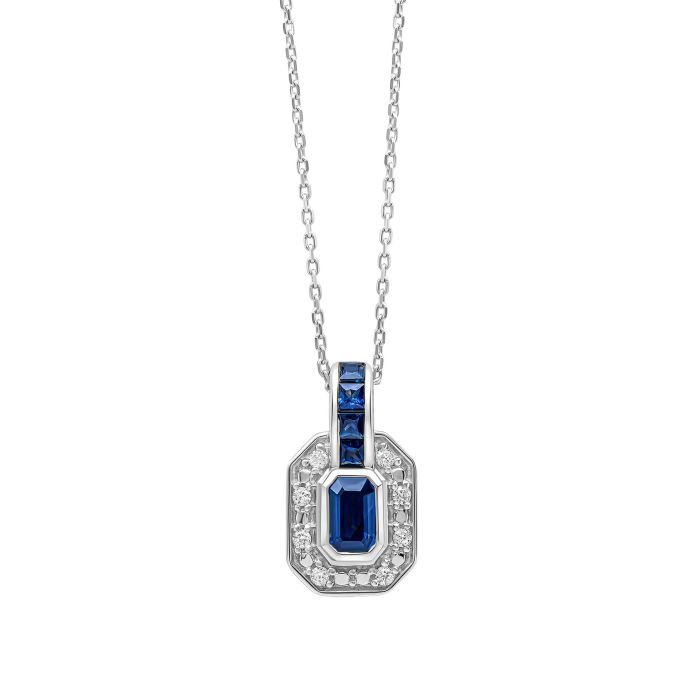 9ct White Gold Octagon Sapphire & Diamond Cluster Pendant