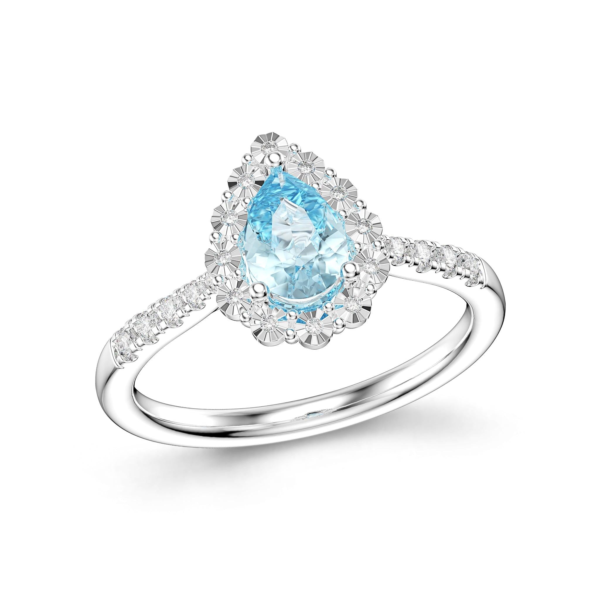 9ct White Gold Blue Topaz and Illusion Set Diamond Cluster Ring with Diamond Set Shoulders