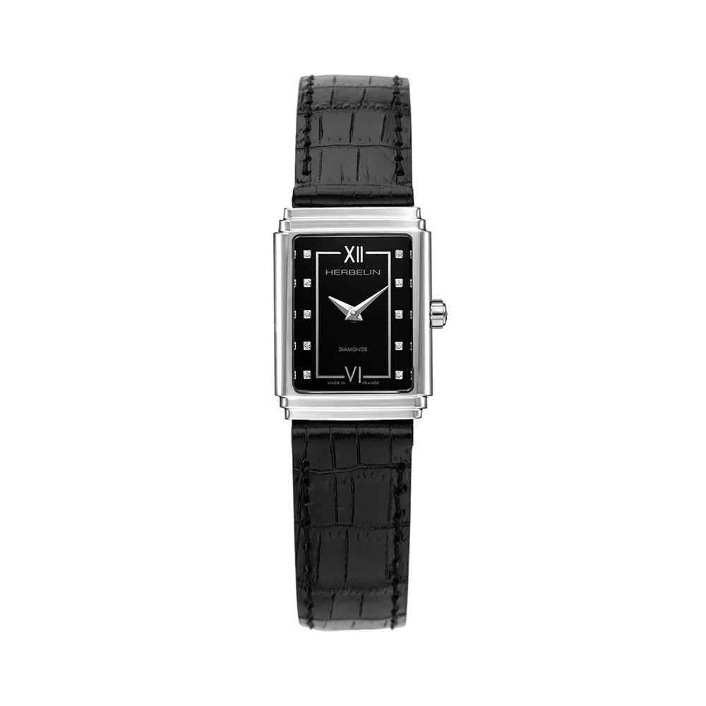 Art Deco Black dial and strap stainless strap watch
