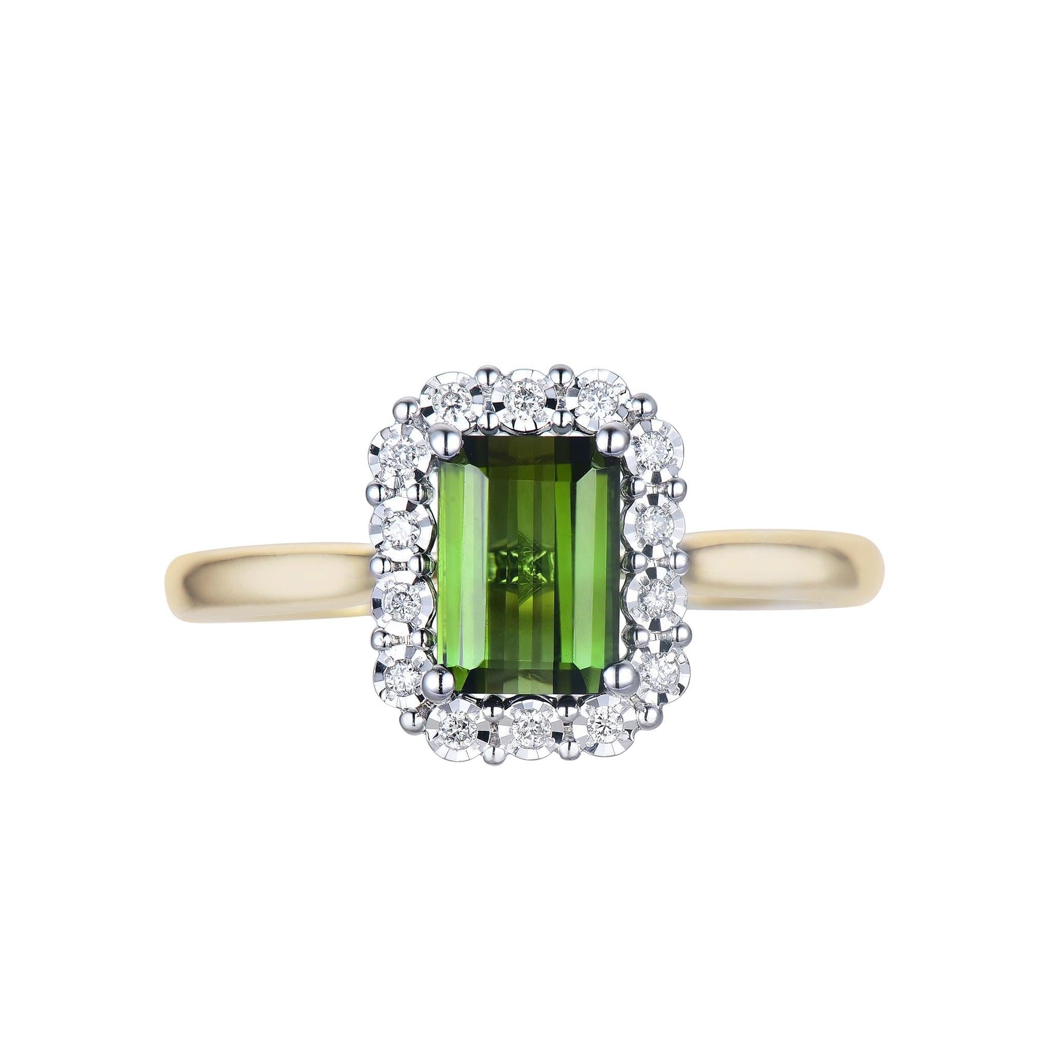 9ct YW Grenn Tourm and Diamond Cluster Ring