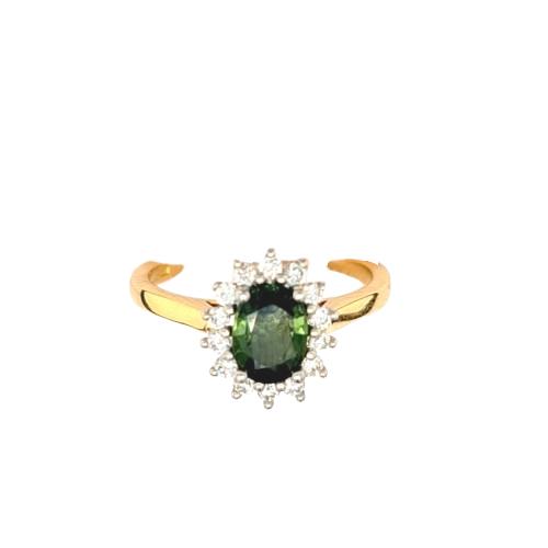 18ct yg+pt Green sapp + 14 dia custer ring