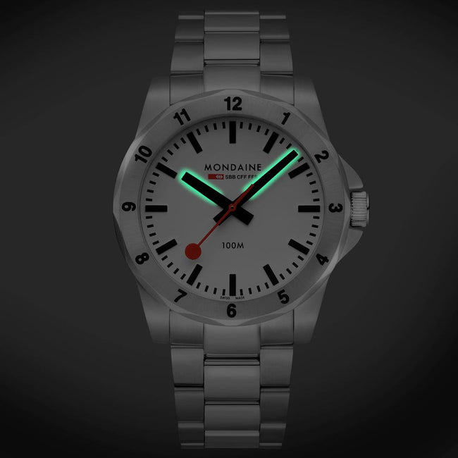 Mondaine Numeri Stainless Steel Bracelet Watch with a White Dial