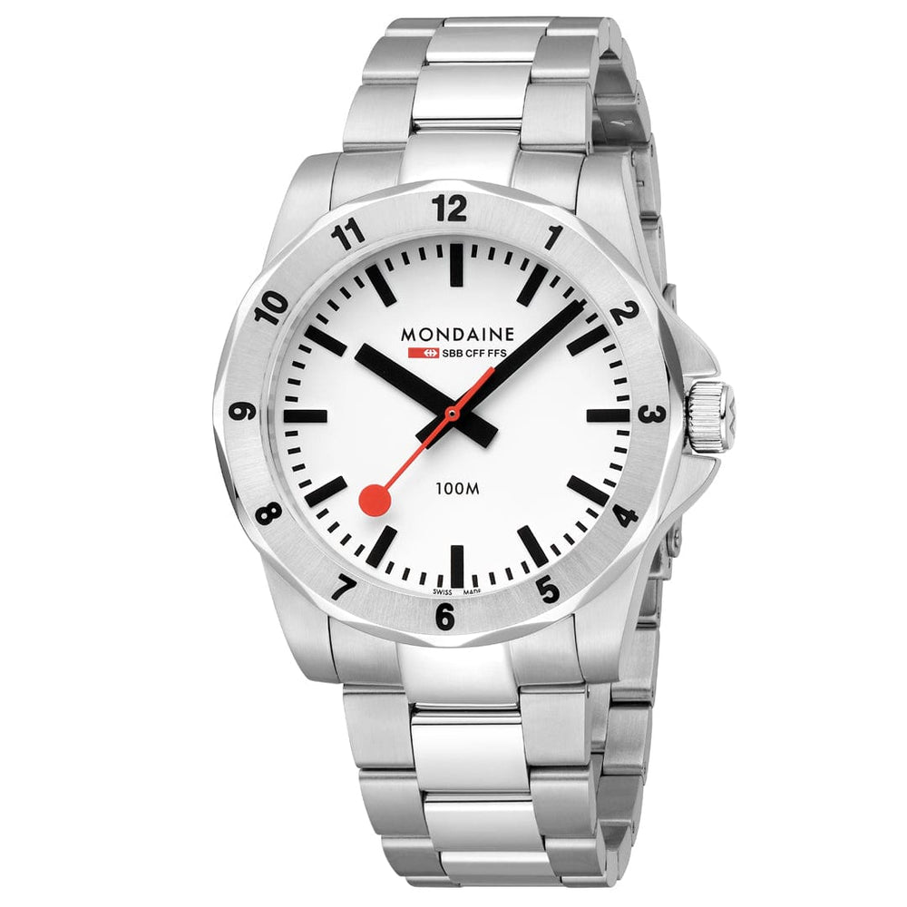 Mondaine Numeri Stainless Steel Bracelet Watch with a White Dial