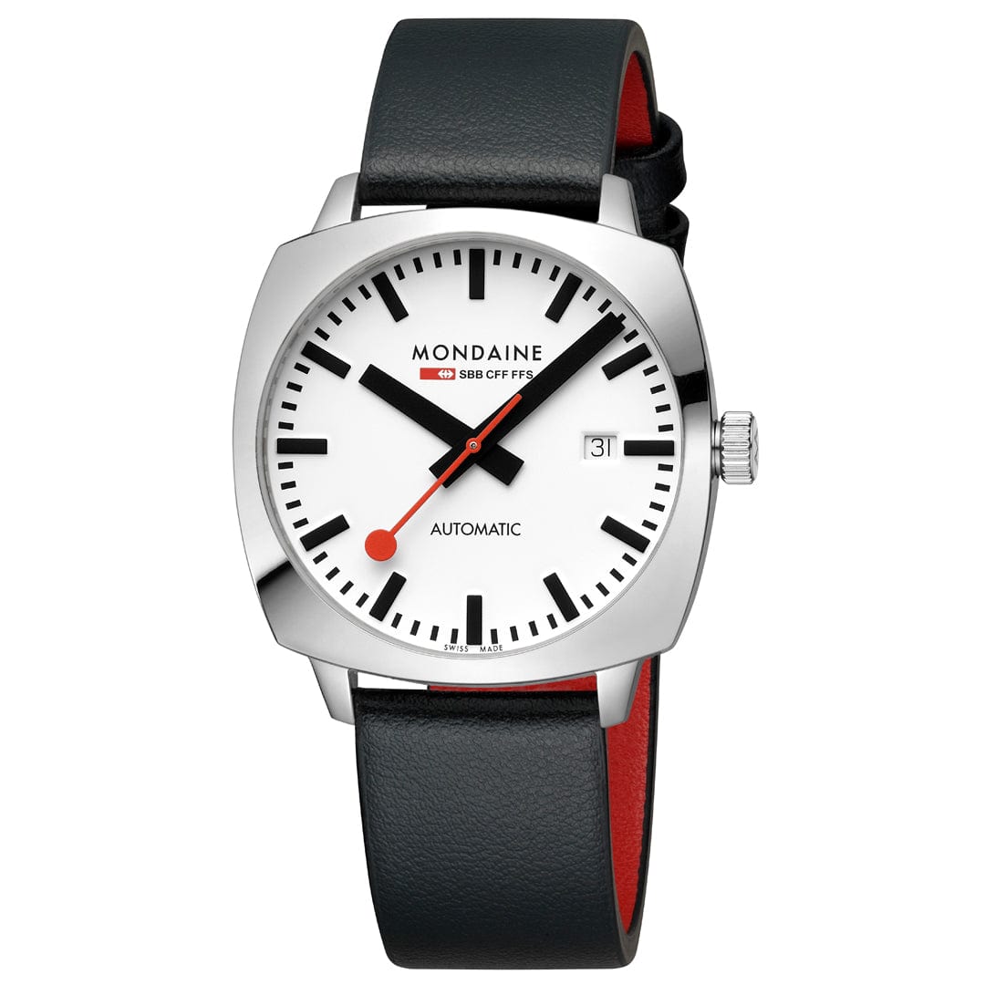 Mondaine Cushion Automatic 39mm White Dial Watch with Black Vegan Strap