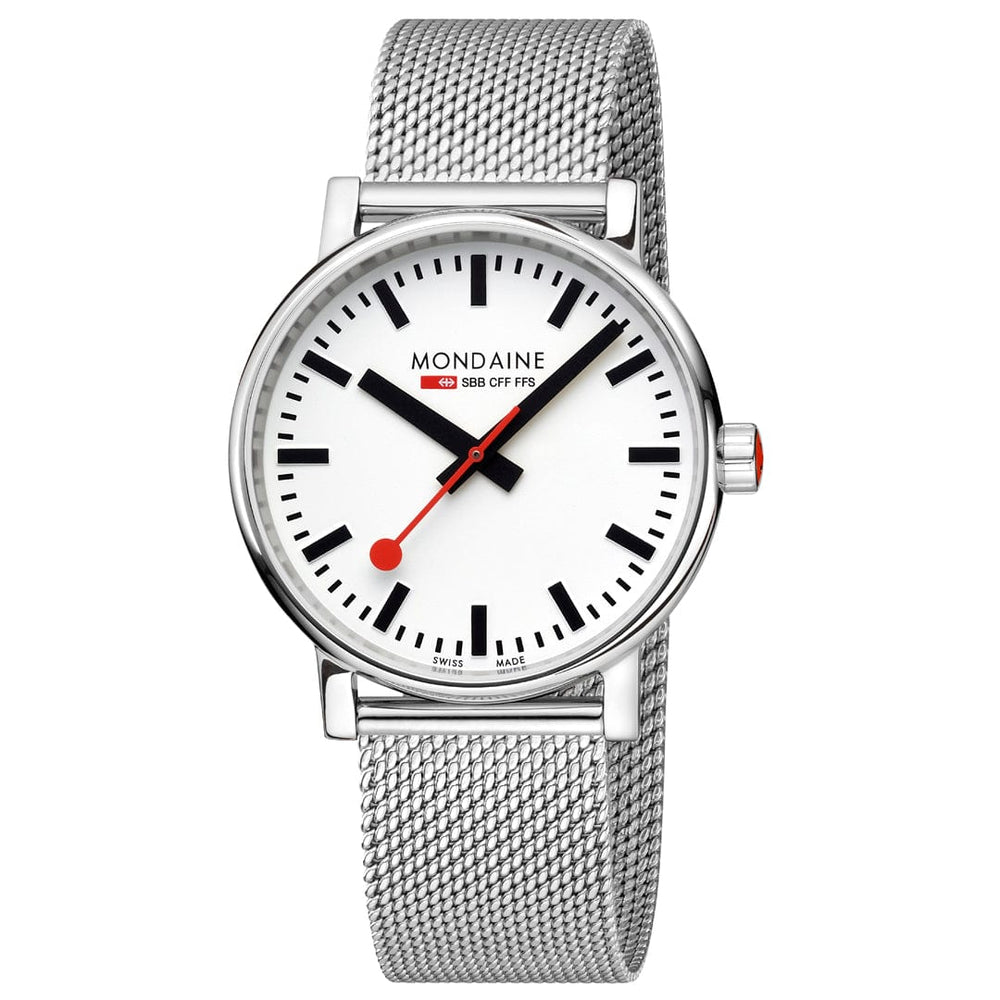 Mondaine Evo2 Stainless Steel Case and Mesh Bracelet with White Dial
