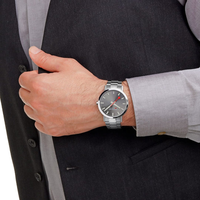 Mondaine Classic 40mm Stainles Steel Case and Bracelet with a Grey Dial