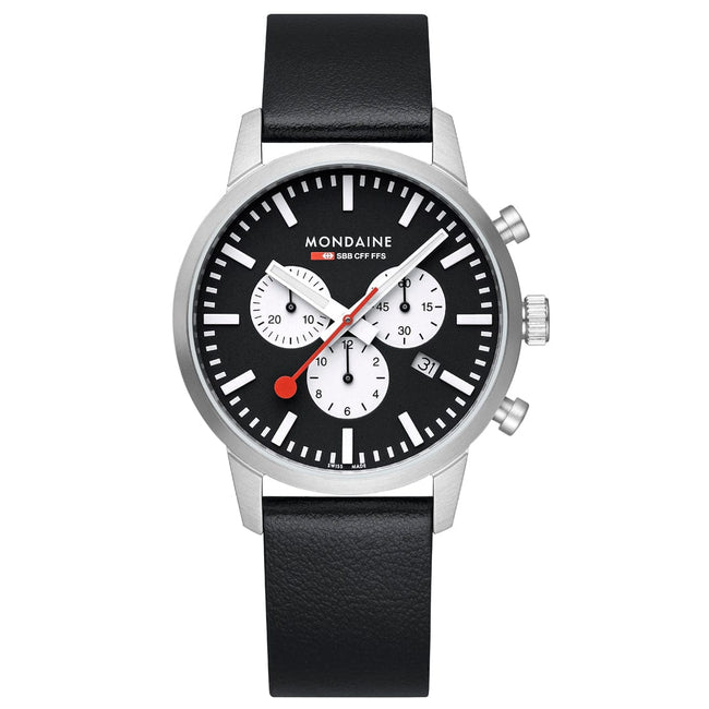 Mondaine Neo 41mm Black Dial with White Subdials fitted with a Black Vegan Strap