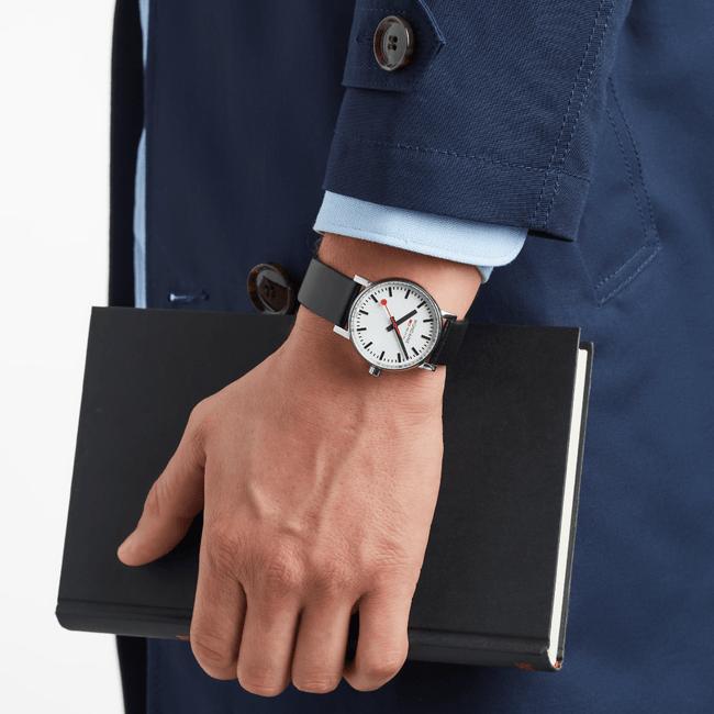 Mondaine Evo2 35mm White Dial fitted with Black Vegan Strap