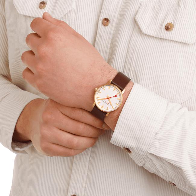 Mondaine Evo2 40mm Gold Plated White Dial Watch with Brown Vegan Strap