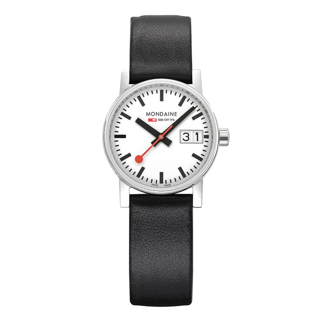 Mondaine Evo2 30mm White Dial fitted with Black Vegan Strap