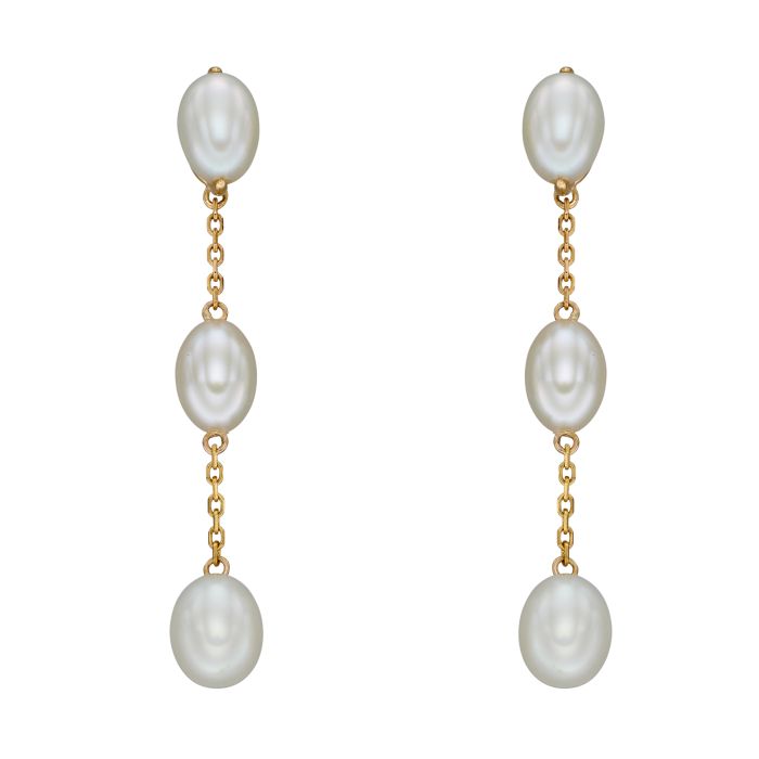9ct Yellow gold freshwater pearl 3 pearl drop earrings