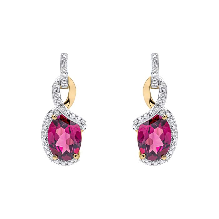 9ct Yellow gold Rhodolite Garnet and Diamond twisted drop earrings