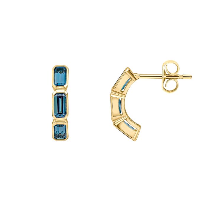 9ct Yellow gold royal blue topaz half hoop earrings