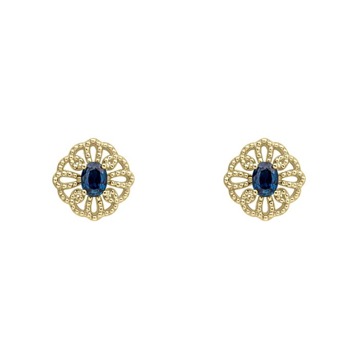 9ct Yellow gold sapphire ornate stud earrings