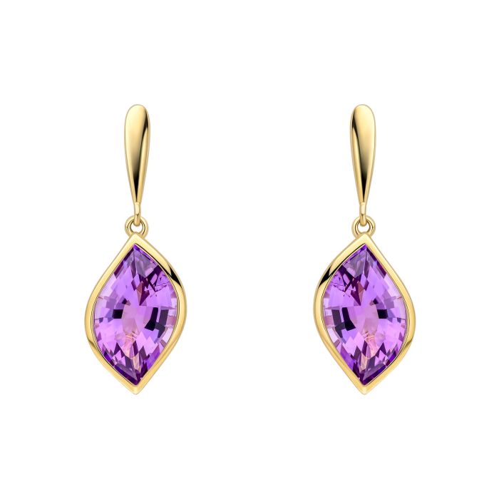 9ct Yellow gold Amethyst flame cut drop earrings