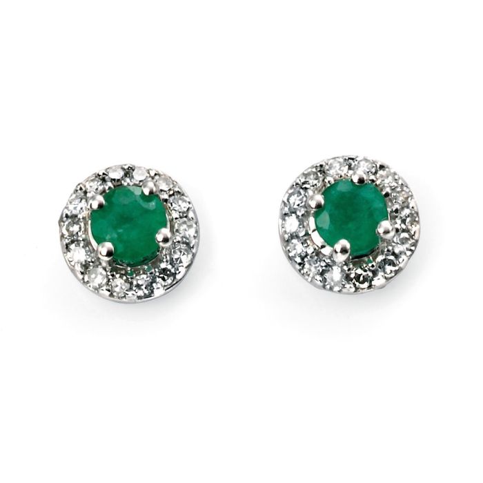 9ct White gold Emerald and diamond round cluster stud earrings