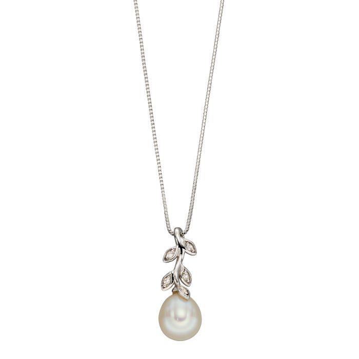 9ct White gold Freshwater Pearl and Diamond Vine pendant
