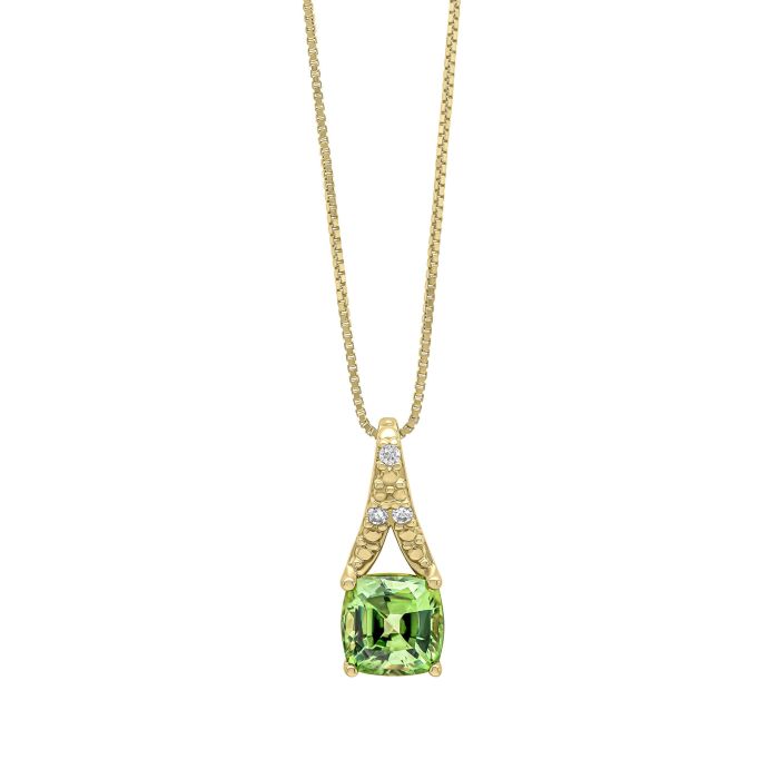 9ct Yellow gold Green Sapphire cushion cut and diamond pendant