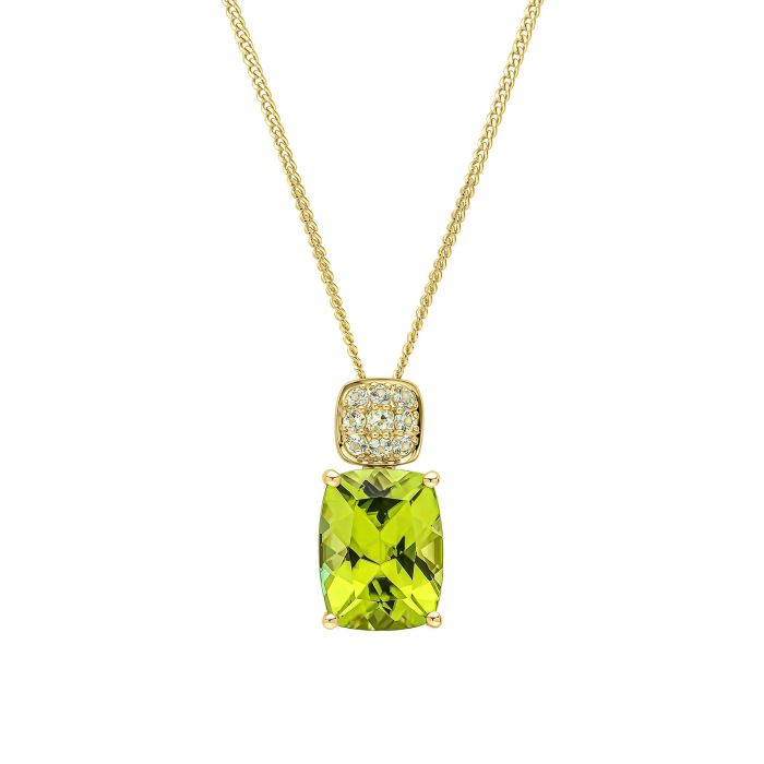 9ct Yellow gold Cushion cut Peridot and cluster pendant