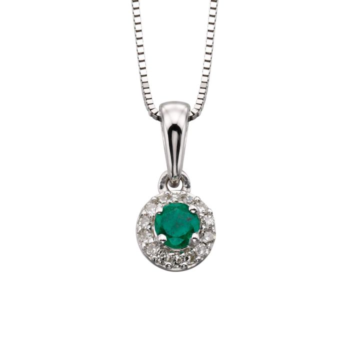 9ct White Gold Emerald and Diamond cluster pendant