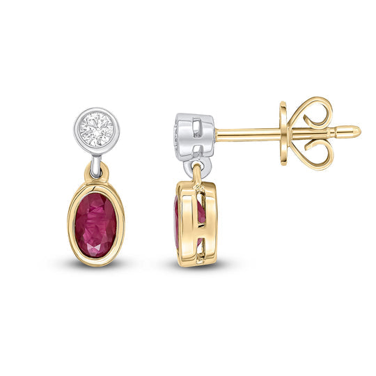 18ct Yellow Gold Oval Ruby & Round Diamond Two Stone Earrings 5x3mm