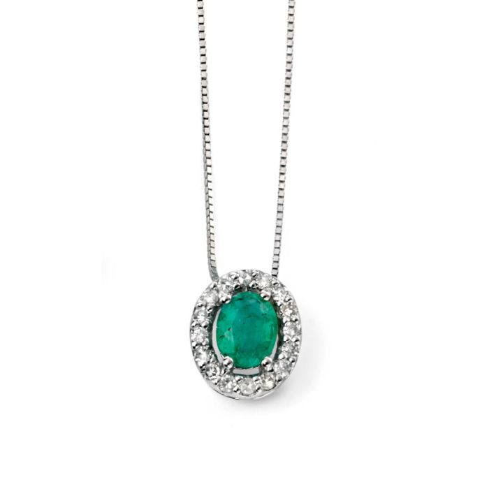 9ct White Gold Oval Emerald and diamond cluster pendant