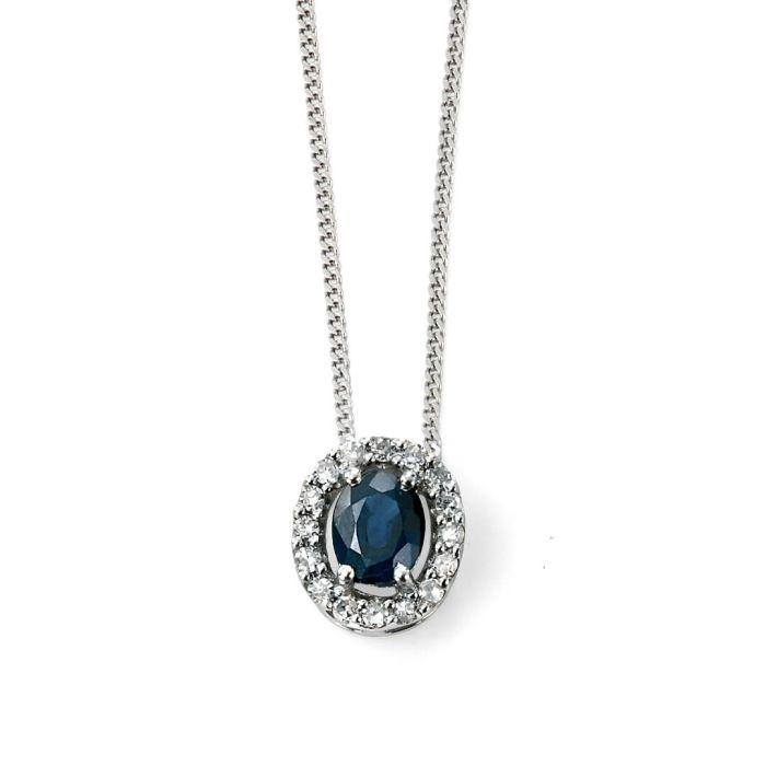 9ct White gold Oval Sapphire and Diamond cluster pendant