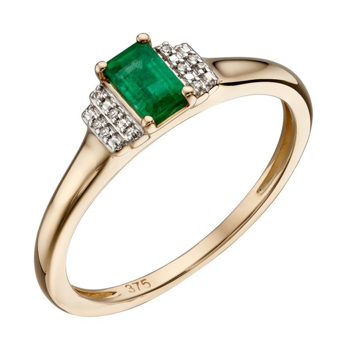 9ct Yellow gold Emerald and diamond Art Deco style ring