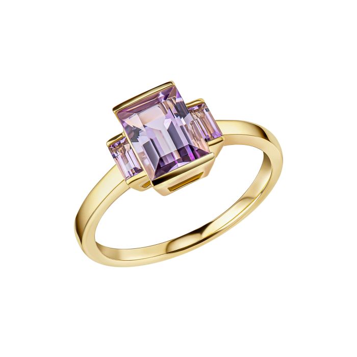 9ct Yellow gold Baguette cut Amethyst Trilogy Ring