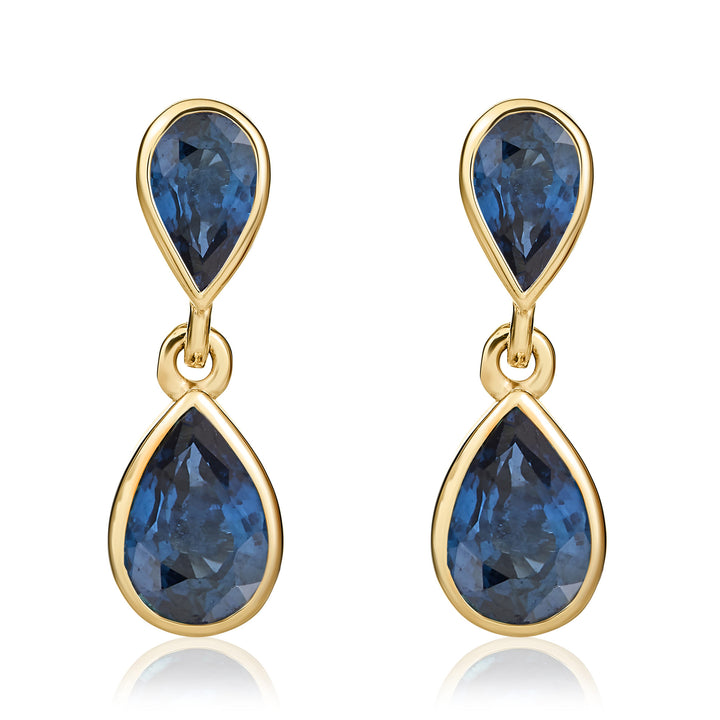 9ct Yellow gold pear shaped sapphire double drop rubover earrings.