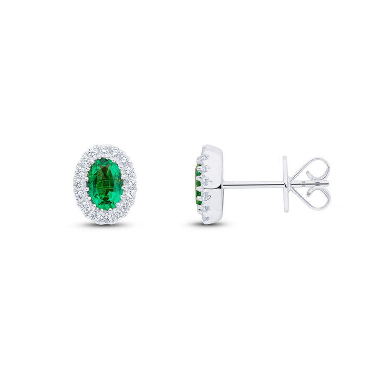18ct White Gold Oval Emerald & Diamond Cluster Earrings