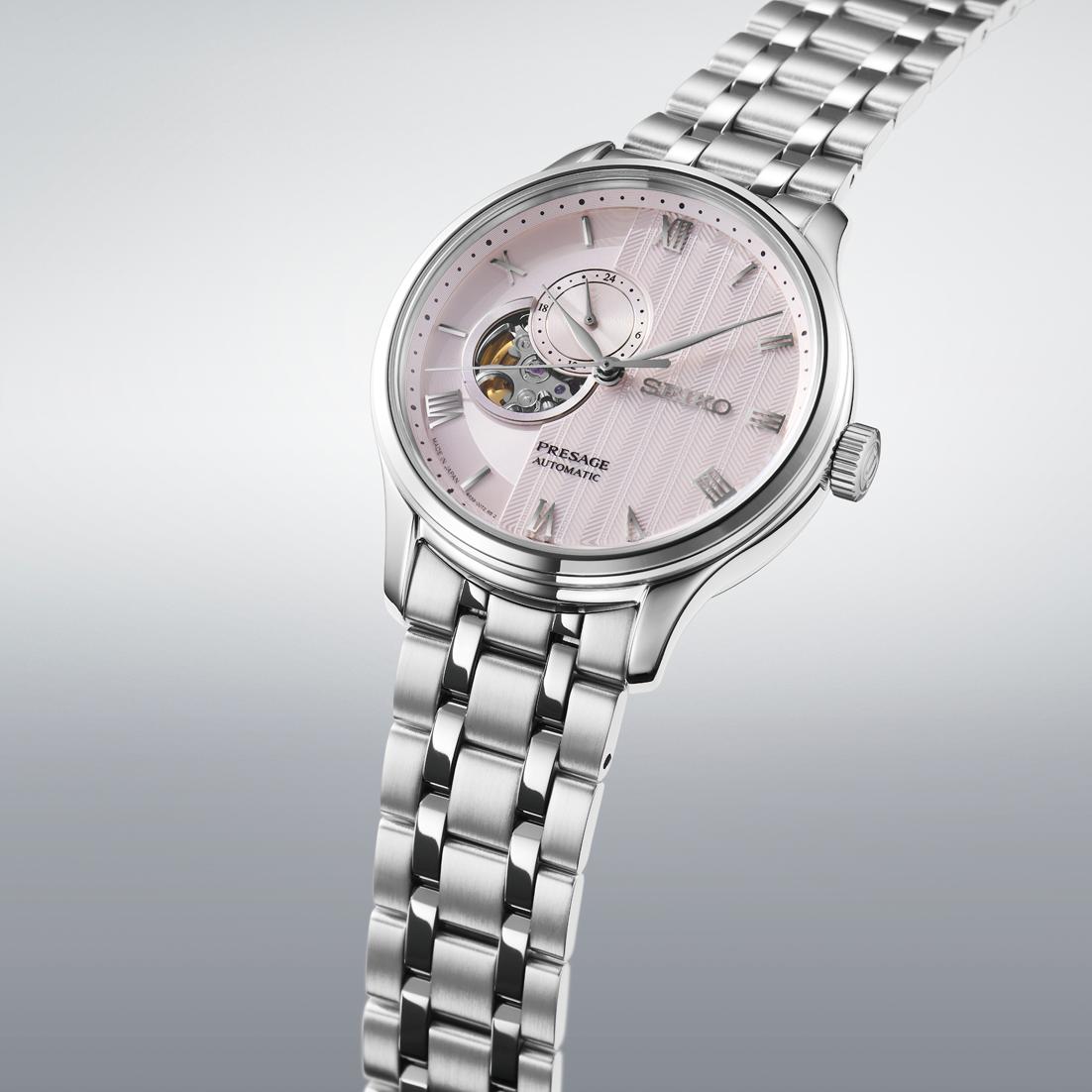 Seiko Presage Japanese Garden Automatic Watch with Open Heart. Pink Dial Stainless Steel Bracelet.