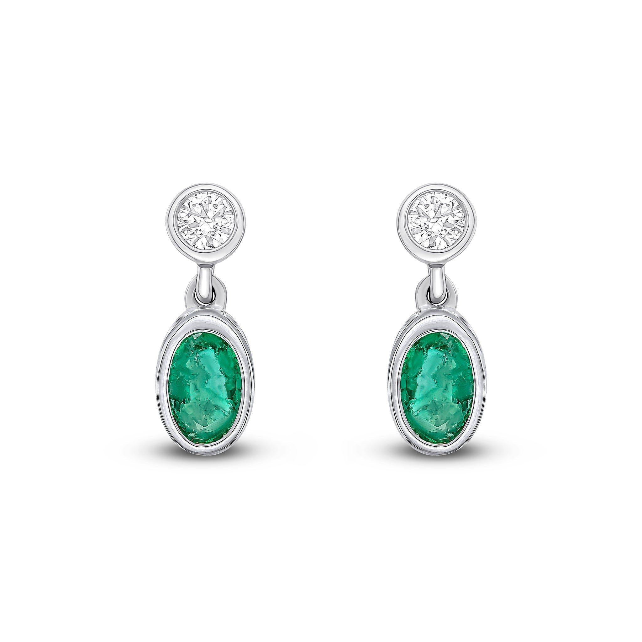 18ct White Gold Oval Emerald and Round Diamond Drop Earrings