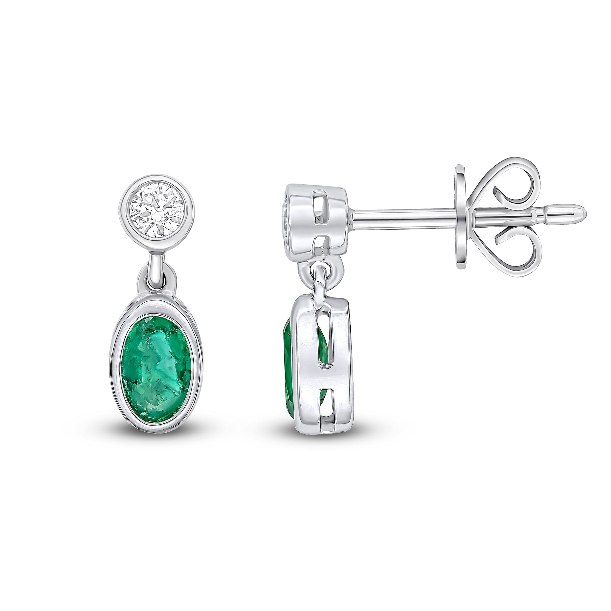 18ct White Gold Oval Emerald and Round Diamond Drop Earrings