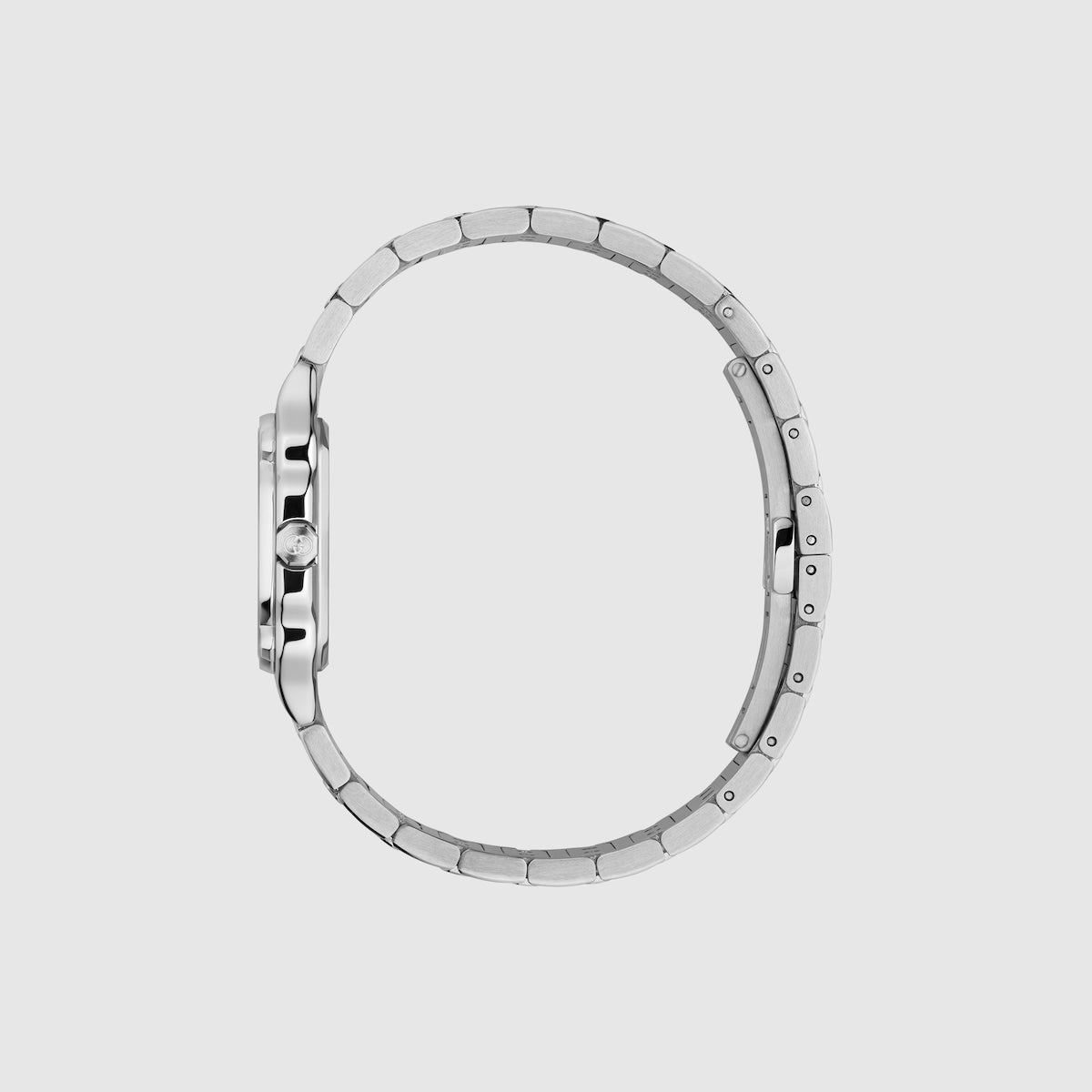 Gucci G-Flat Quartz Diamond Dot Watch. Black Dial Stainless Steel Bracelet. Roman Numberal at 12 and
