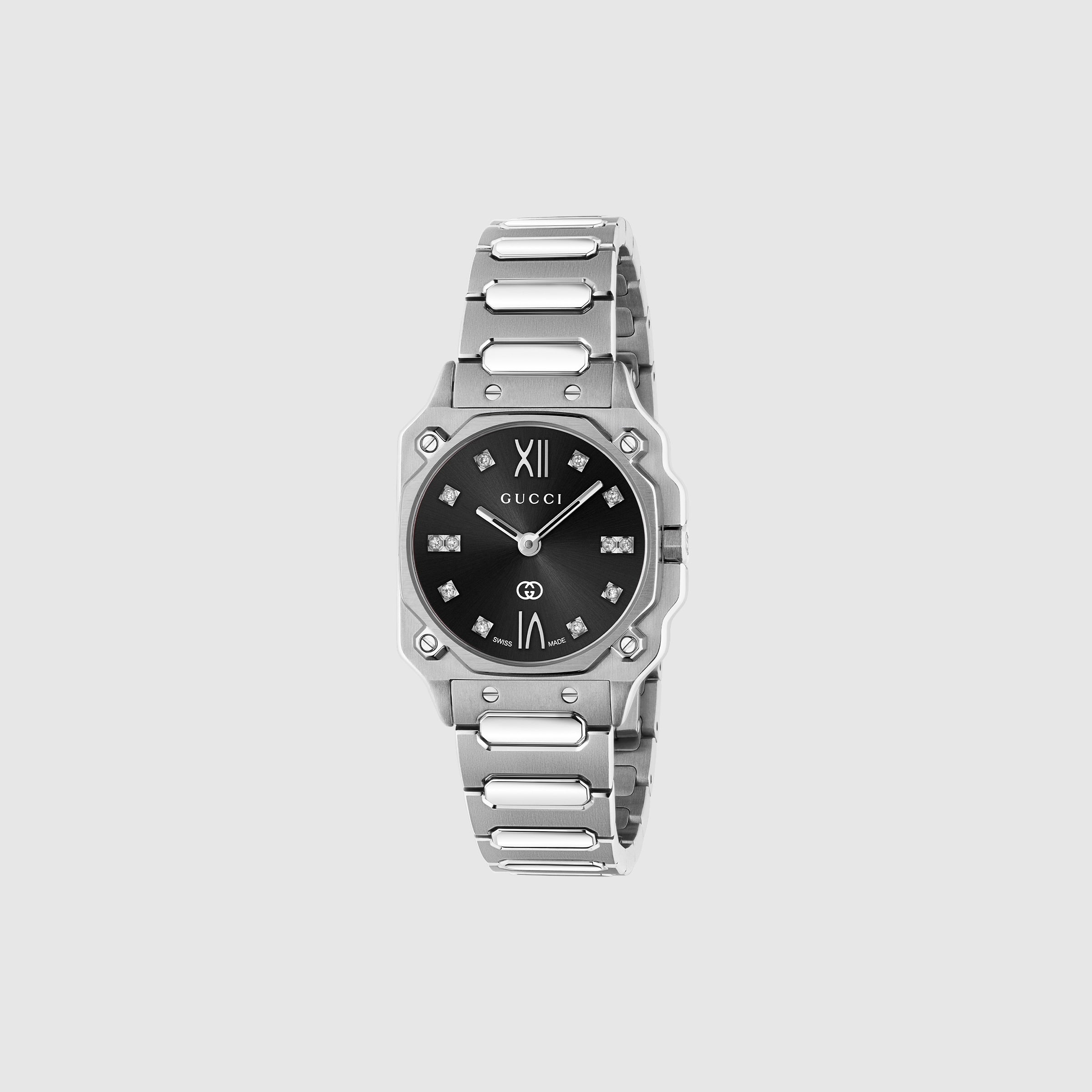 Gucci G-Flat Quartz Diamond Dot Watch. Black Dial Stainless Steel Bracelet. Roman Numberal at 12 and