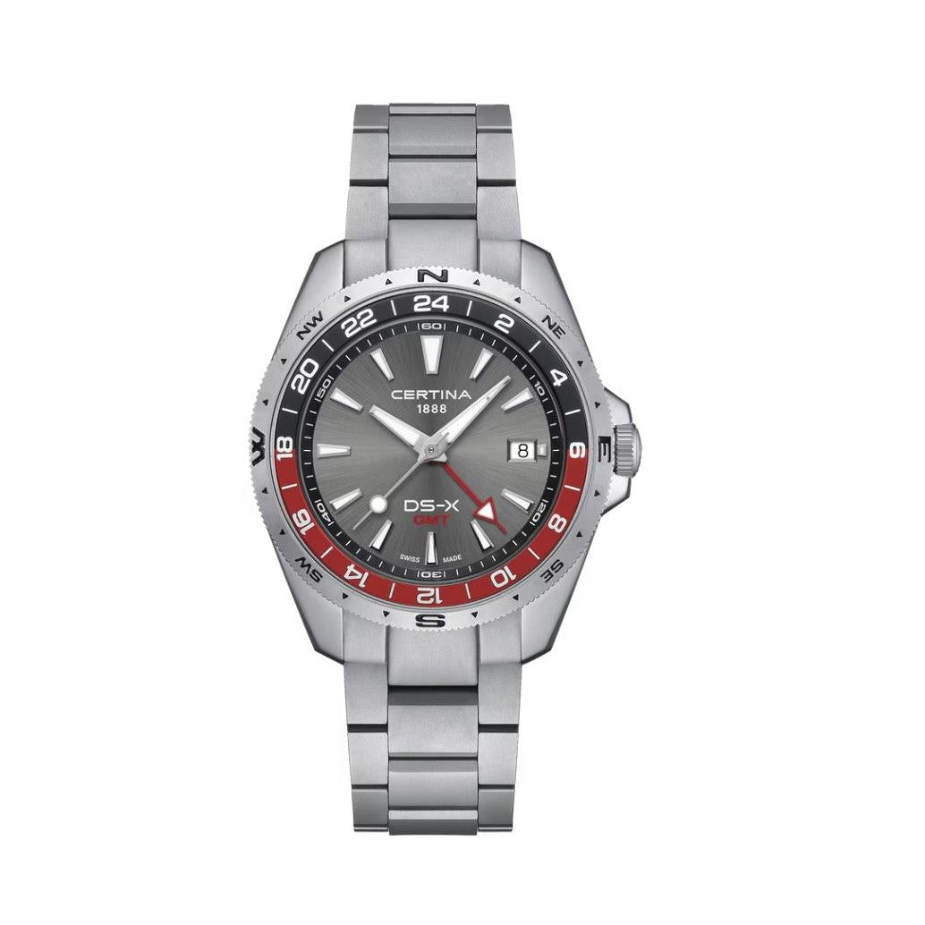 Certina DS-X GMT Quartz Watch. Grey Dial, Black and Red Bezel, Stainless Steel Bracelet.