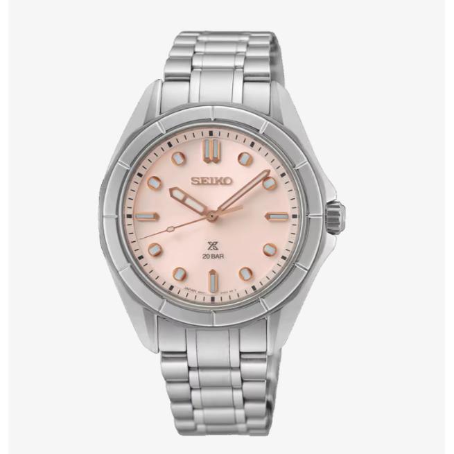 Seiko Prospex Ladies Marine Sports in Shell Pink Quartz Watch. Pink Dial Stainless Steel Bracelet