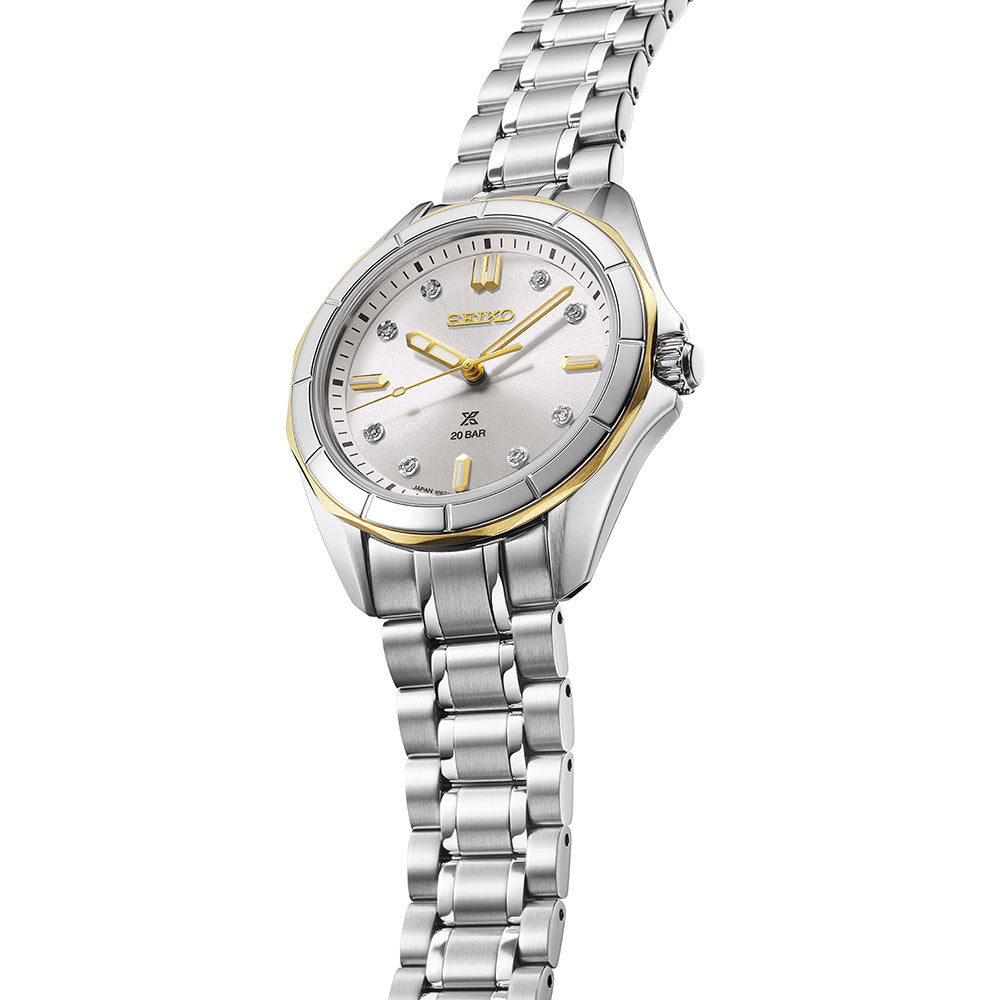 Seiko Prospex Ladies Marine Sports Diamond-Set in Dune & Dawn Quartz Watch. White Dial Stainless Ste
