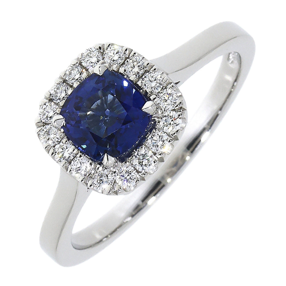 Platinum Cushion Cut Sapphire and Diamond Cluster Ring