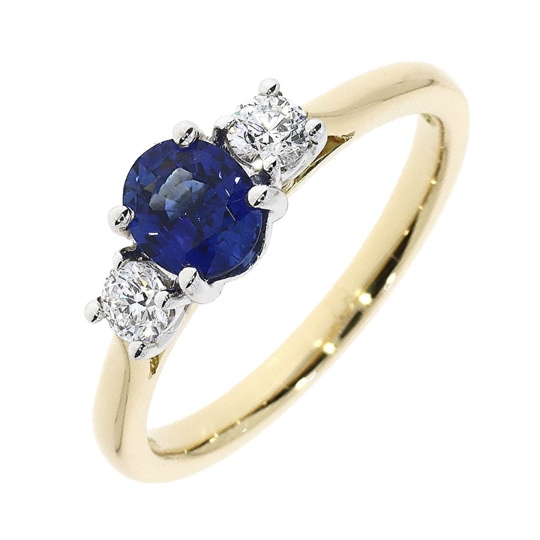 18ct Yellow Gold Oval Sapphire and Round Diamond 3 Stone Ring