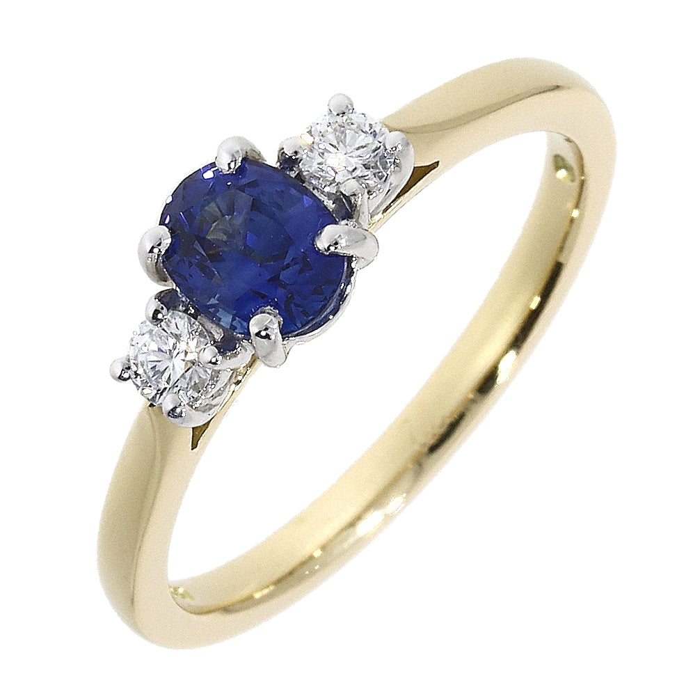 18ct Yellow Gold Oval Sapphire and Round Diamond 3 Stone Ring