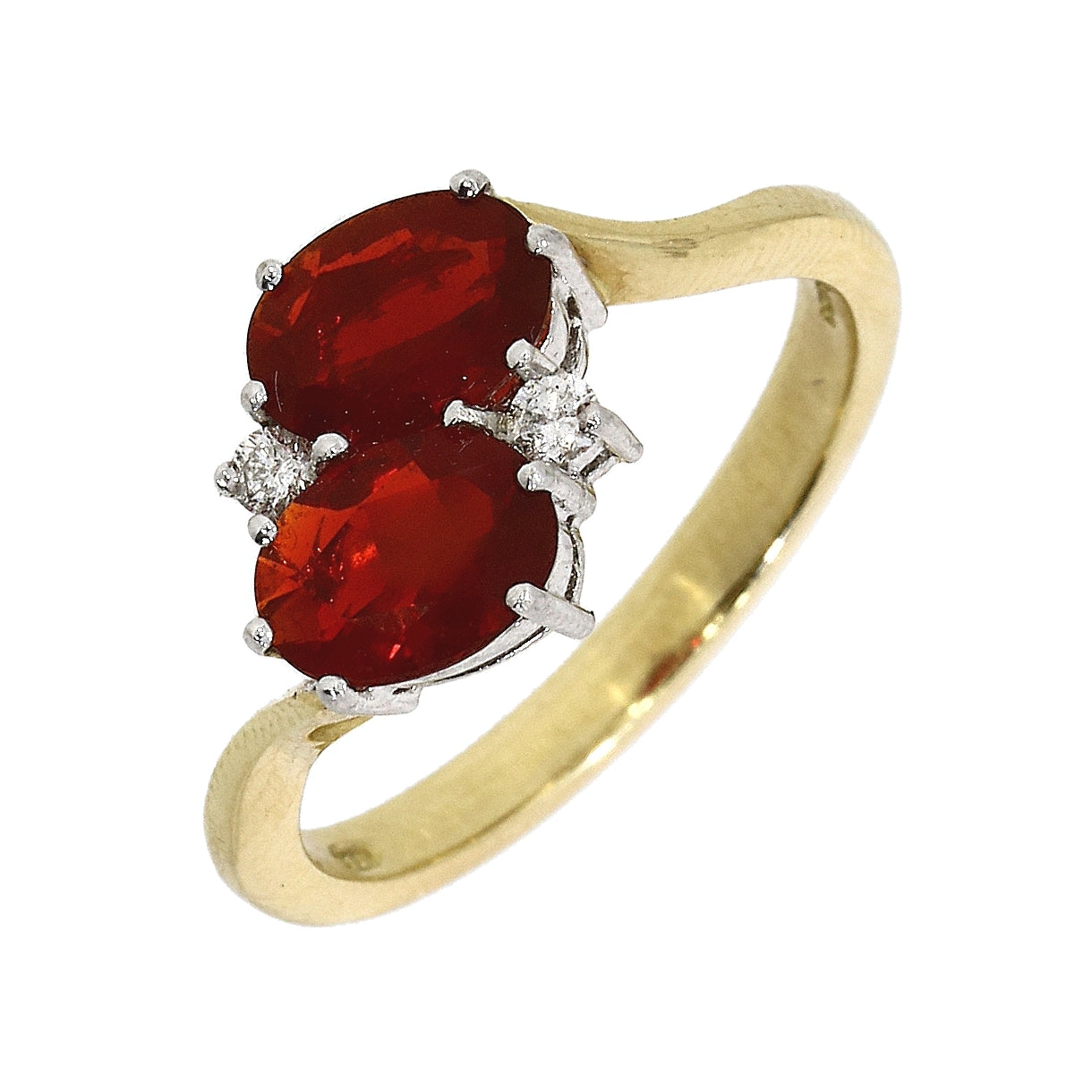 18ct Yellow Gold 2 Fire Opal and Diamond Cross-Over Ring