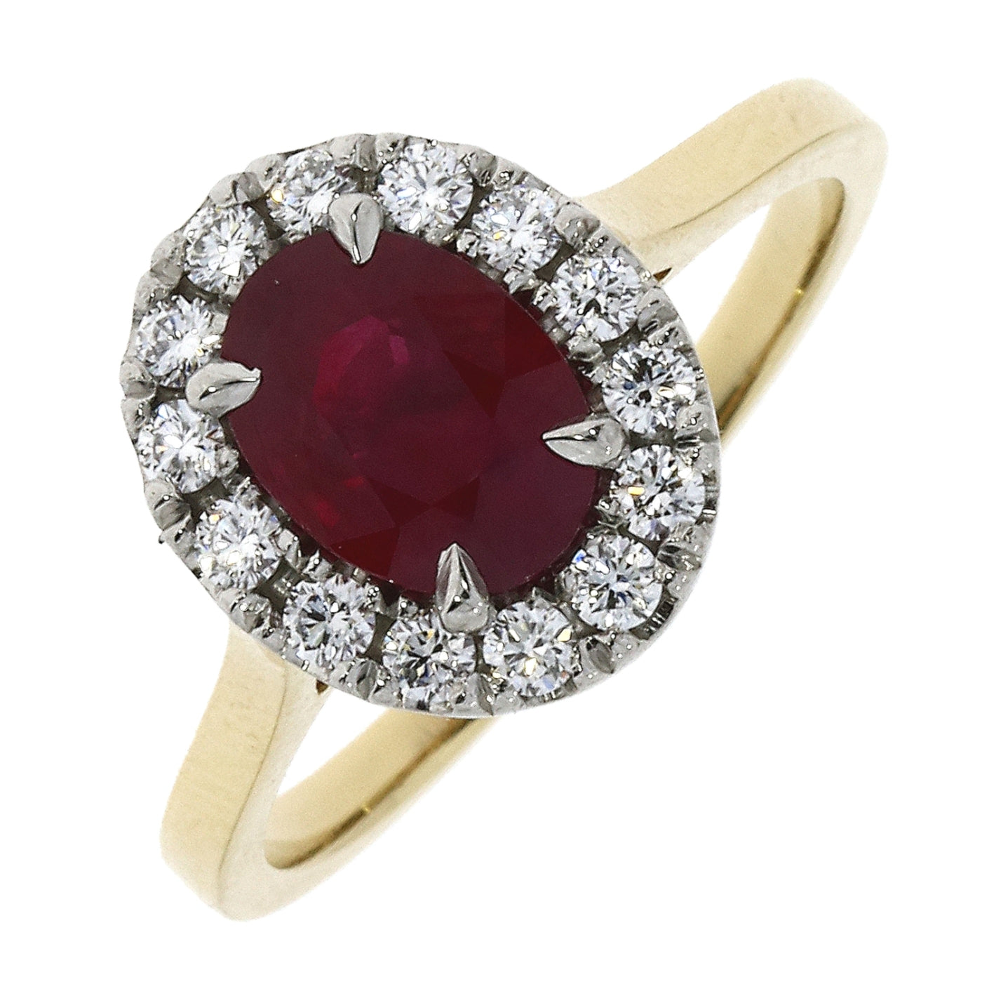 18ct Yellow Gold and Platinum Oval Ruby and Diamond Cluster Ring