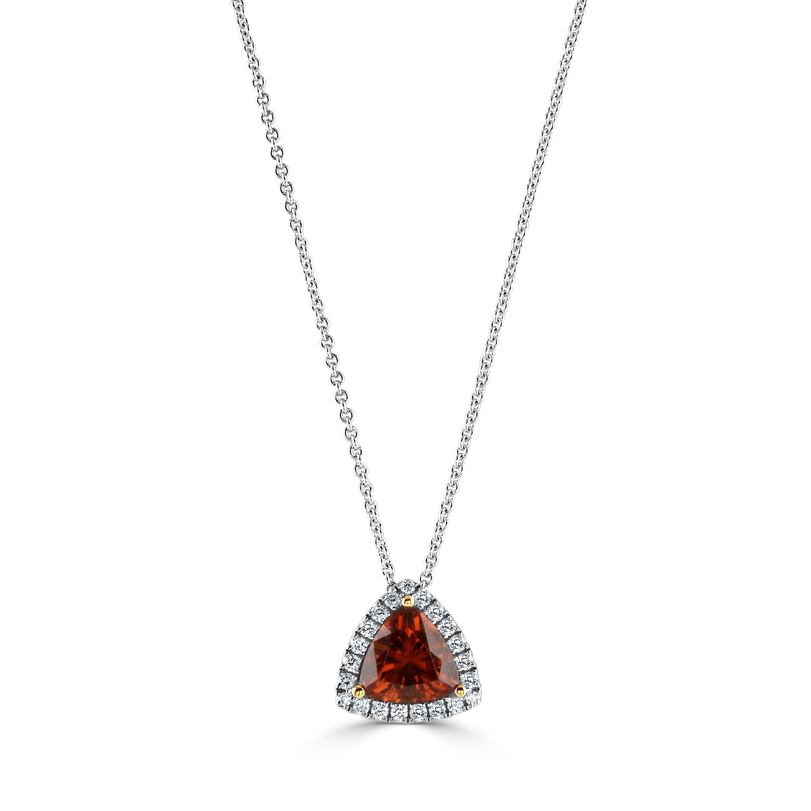 18ct Yellow & White Gold Triangular Orange Garnet & Diamond Halo Cluster Ring