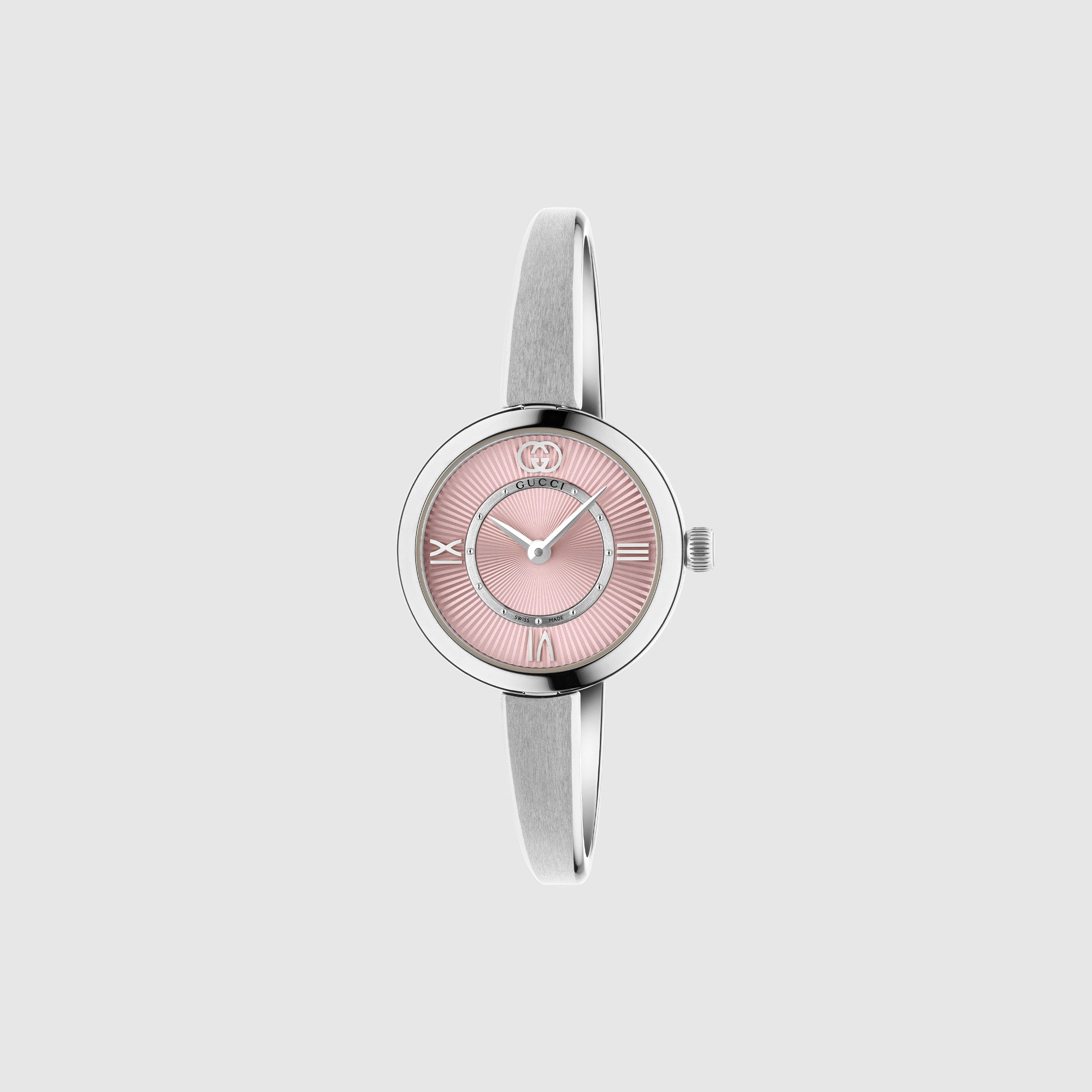 Gucci Model 2000 Quartz Watch. Pink Dial Stainless Steel Bangle Bracelet.